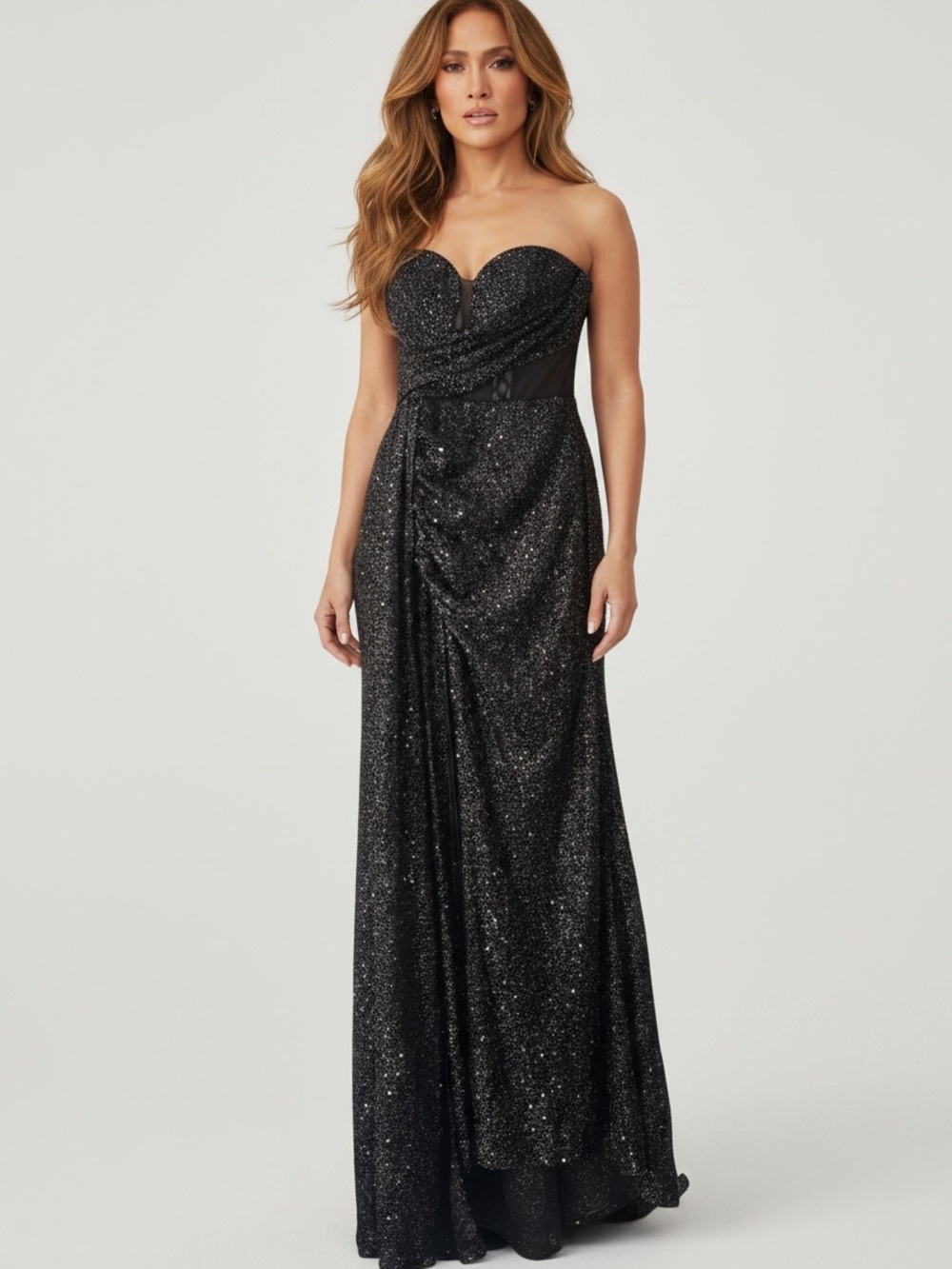 Strapless Black Glitter Evening Gown